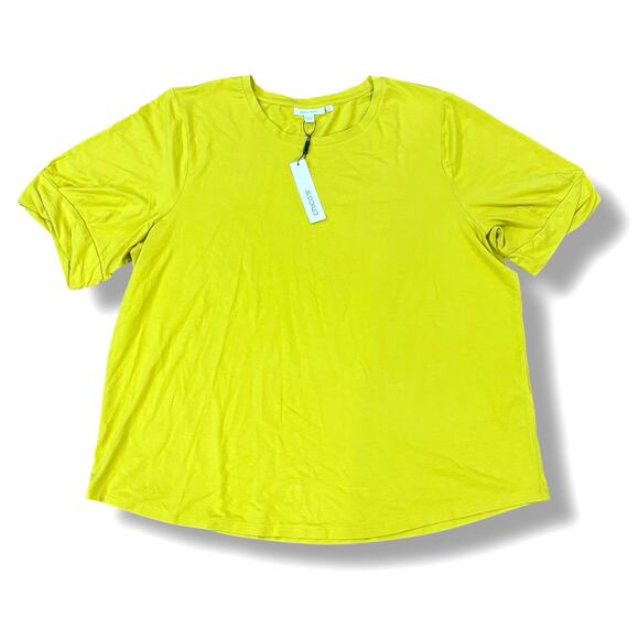 Chicos Size 4 XXL Touch of Cool Pleated Roll Cuff Tee Citron Yellow Pima Cotton - Picture 2 of 6